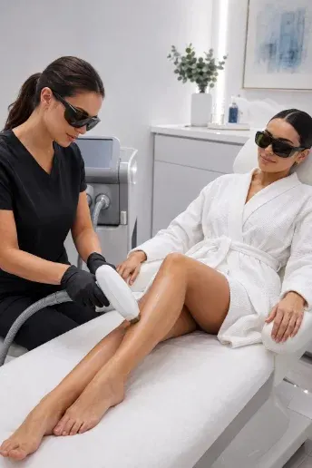 Eine Behandlerin mit Schutzbrille führt das Handstück eines Lasergeräts über das Bein einer Kundin im Bademantel