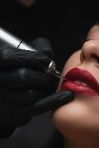 Hände in schwarzen Handschuhen pigmentieren mit einem feinen Gerät die roten Lippen einer Kundin
